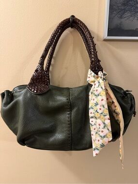 Paolo Masi Dark Green Leather Tote with Braided Brown Handles Italian leather
